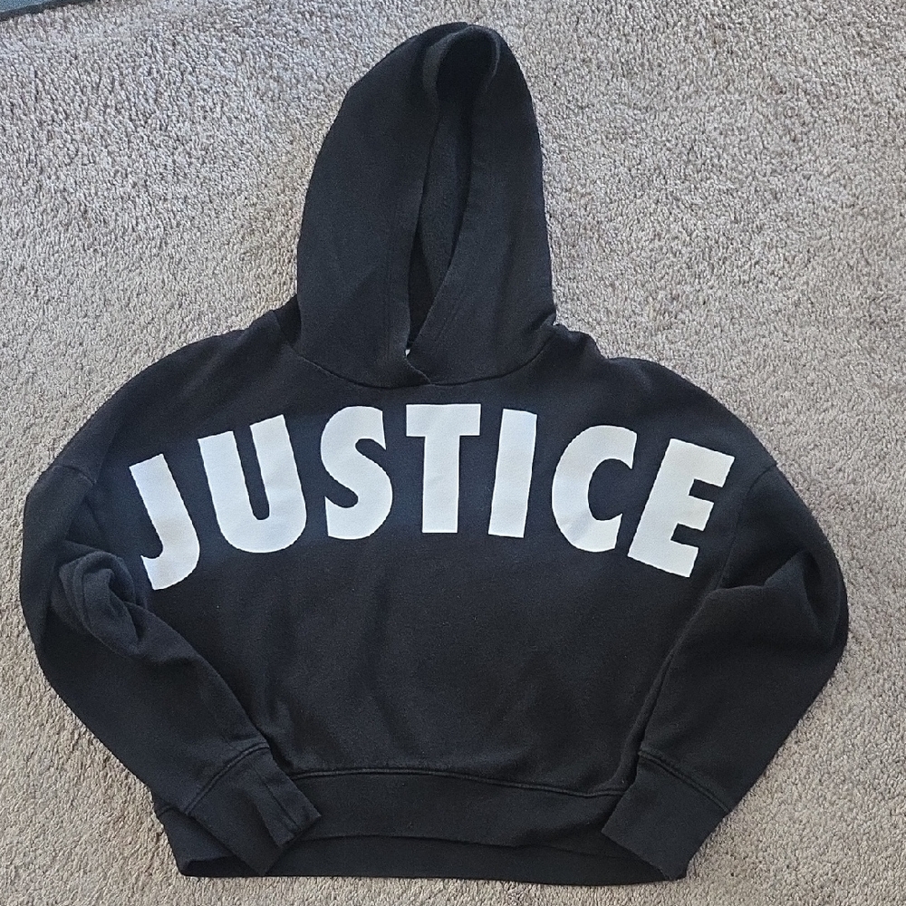 Justice Black Pullover Hoodie with White Arch Logo